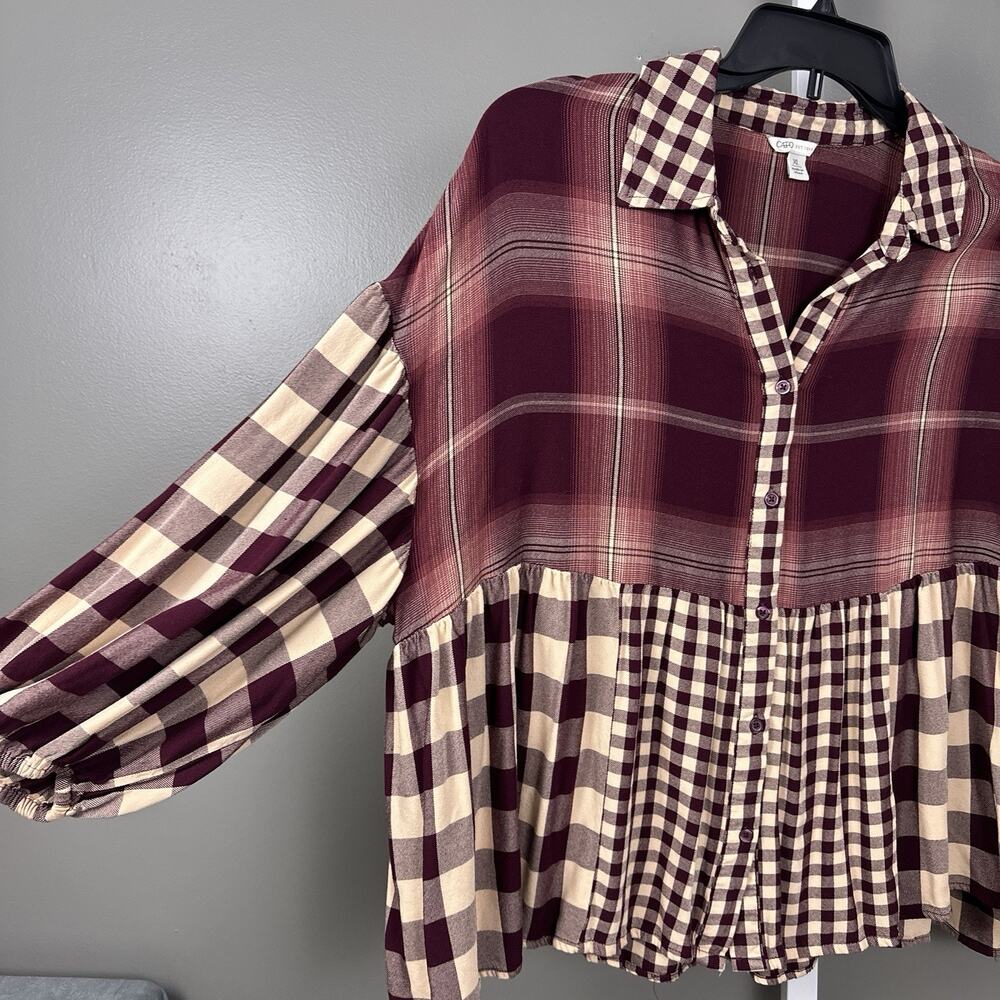 Cato Womens XL Rayon Plaid Babydoll Blouse Empire Waist Burgundy Boho Top - Picture 3 of 8